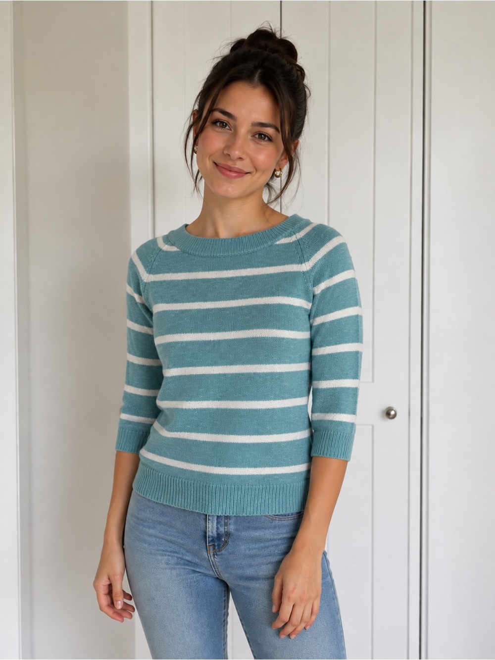 Hatley Teal and White Striped 3/5 Sleeved Crewneck Sweater